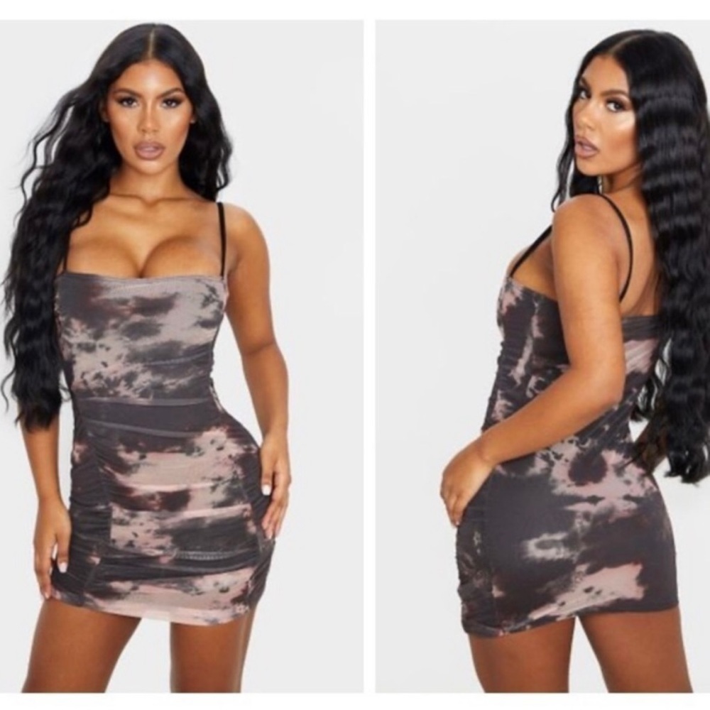 Pretty Little Thing sexy mesh mini dress bodycon clubbing tie dye pink brown XS